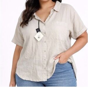 Women's Beige Linen Button-Up Shirt